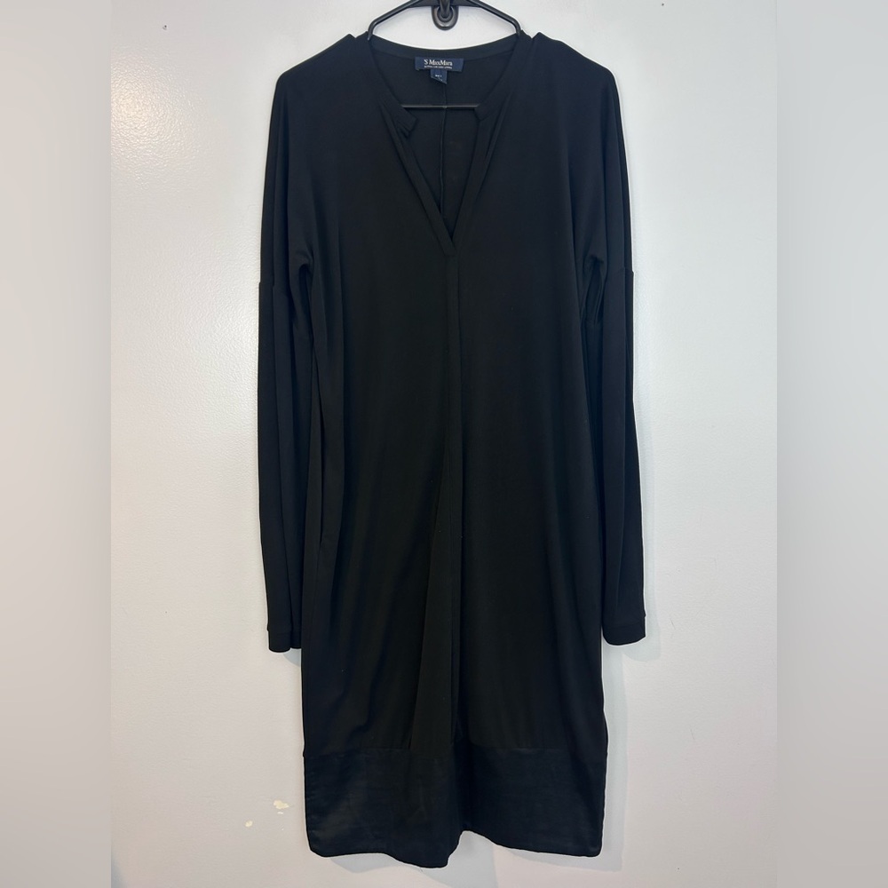 'S MaxMara Black Silk/Cotton Combo V-neck Long Sleeve Shift Midi Dress Medium